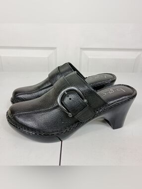 Born Clogs 8 Womens Black Leather Buckle Heeled Mules Slip On Comfort Shoes Lena